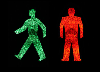 A green traffic light man moves away from a stationary red one, pictograms, pedestrian