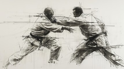Energetic karate competitors captured in a monochrome sketch, each stance and movement reflecting the martial arts' essence at the Summer Olympics in Paris.