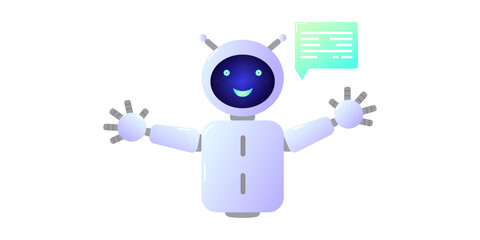 Chatbot assistant form robot with ai 3d. Cute friendly bot neural network. Isolated white background. Website design of social networking applications. Vector illustration.