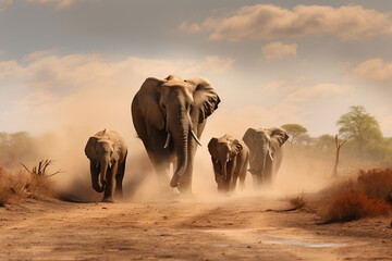 An Elephant Family Journeying Through the Dusty Trail