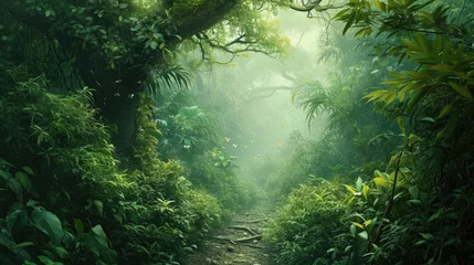 Zelfklevend Fotobehang Jungle background. A beautiful path through the impenetrable jungle. Mysterious impenetrable jungle overgrown with exotic plants. Background. Tropical paradise. Generative AI © Ruslan Shevchenko