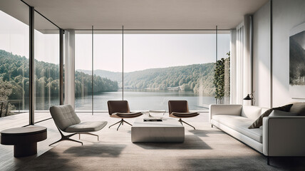 Fototapeta premium Modern design living room interior photo rendering with large windows and lake view - AI generative