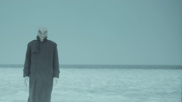 Alien in trench coat standing alone on frozen lake under blowing snow outdoors on winter day and looking at camera