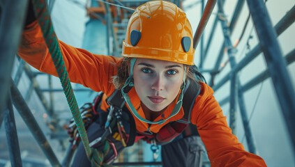 Young female adult clipped into safety gear high above the ground at her construction job