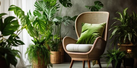 Bohemian style interior design with green houseplants near cozy armchair.