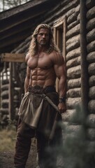 Fototapeta na wymiar Man With Long Hair Standing in Front of Log Cabin. Generative AI.