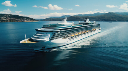 A modern, white cruise ship sails the sea. Travel and relaxation. Top view. En route.