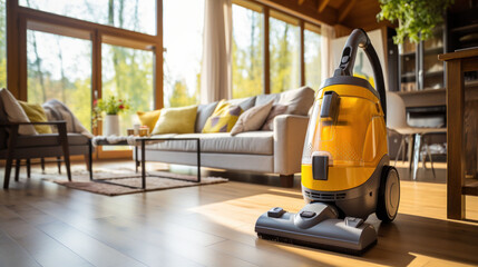 Fototapeta premium Portable canister vacuum cleaner standing on a hardwood floor in a sunlit living room, symbolizing an inviting and well-kept home environment.