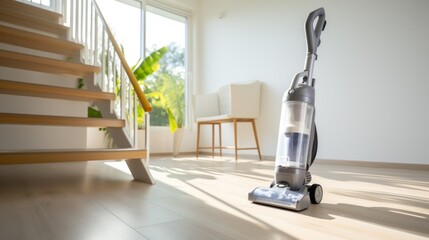 Bright home interior with a vacuum cleaner on wooden floor, reflecting an immaculate and well-maintained living space, promoting cleanliness and order.