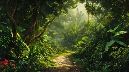 Jungle background. A beautiful path through the impenetrable jungle. Mysterious impenetrable jungle overgrown with exotic plants. Background. Tropical paradise. Generative AI