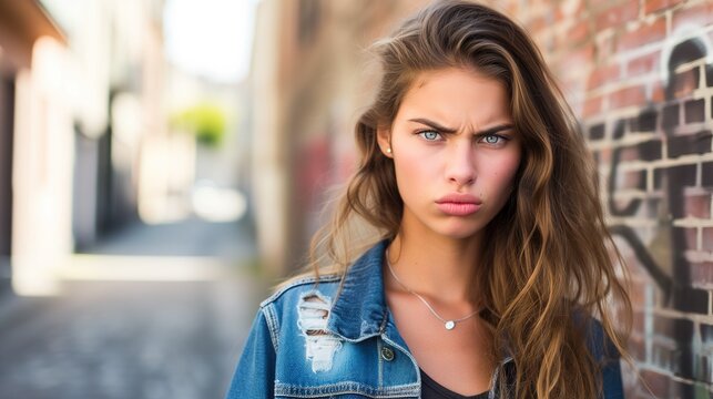 Beautiful young woman with angry expression, brown hair, blue eyes, street background, blue denim jacket, space for text and other elements on left of image