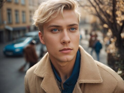 Blonde-haired Man in Tan Coat. Generative AI.