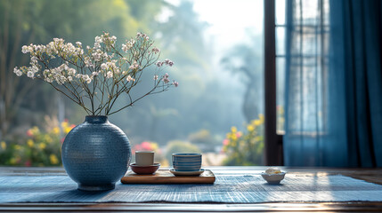 Foto auf Leinwand Calming Asian home with flowers looking outside