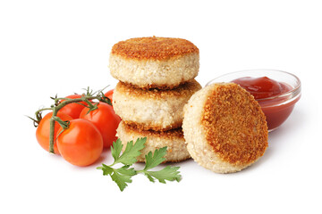Tasty meat cutlets, sauce, parsley and tomatoes on white background