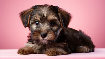 Adorable Yorkshire Terrier Puppy on Pink Background