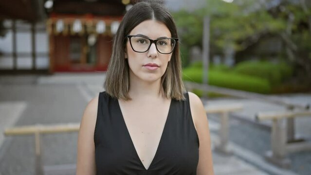 Beautiful latin brunette donning glasses, serious gaze fixated on fushimi inari-taisha shrine, kyoto. hispano-japanese moment captured, female reflects with sad confidence, japan temple.