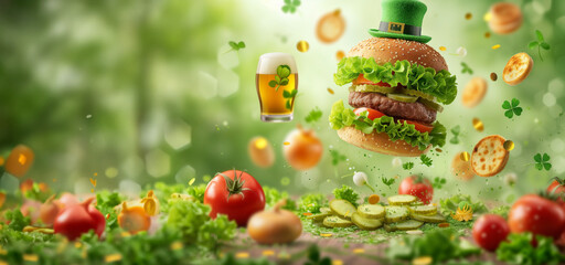 St Patricks holiday burger, levitation. Irish St Patricks day burger with beer, wooden bar table with clover, crackers, leprechaun hat  - obrazy, fototapety, plakaty