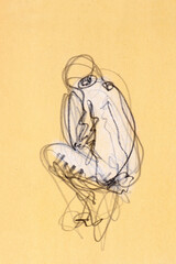 Black charcoal on colored paper quick sketch capturing the grace and poise of a female model in a studio setting. An artistic drawing of the human form.