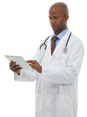 Doctor, black man and tablet in studio for healthcare, clinical software and research on white background. Surgeon, medical worker and scroll on digital technology for information, app and telehealth