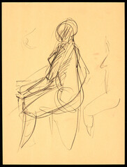 Black charcoal on colored paper quick sketch capturing the grace and poise of a female model in a studio setting. An artistic drawing of the human form.