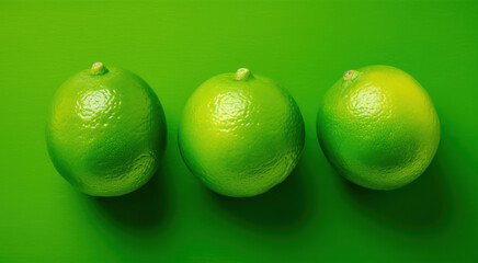Top View of Three Fresh Limes on Vibrant Green Background. Organic Citrus Fruit. Generative AI