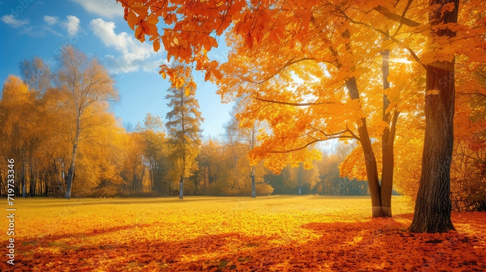 Poster Autumn scene. Bright colorful landscape yellow trees in autumn park. Fall nature.