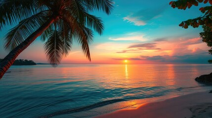 Fototapeta na wymiar Beautiful panoramic sunset tropical paradise beach. Tranquil summer vacation or holiday landscape. Tropical sunset beach seaside palm calm sea panorama exotic nature view inspirational seascape
