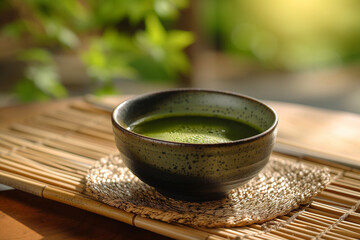product photography of delicious traditional japanese matcha tea on typical japanese table