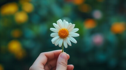 Hand presents a pristine daisy against a blurred backdrop of lush greenery