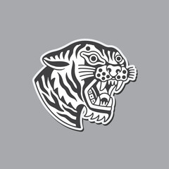 Striped Roaring Tiger Muzzle as Old School Badge Vector Illustration