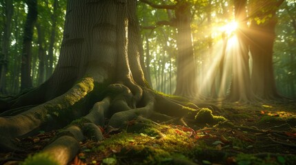 big tree roots and sunbeam in a green forest - obrazy, fototapety, plakaty