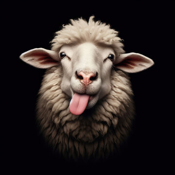 sheep and lamb, Funny sheep, sheep showing tongue, looking at camera, Bleating, Oveja o cordero, oveja divertida, high quality portrait, isolated black background.