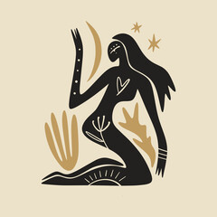 Sacred woman in Matisse style, meditating magic Reiki silhouette drawing, Bali moon wild young girl moon child.