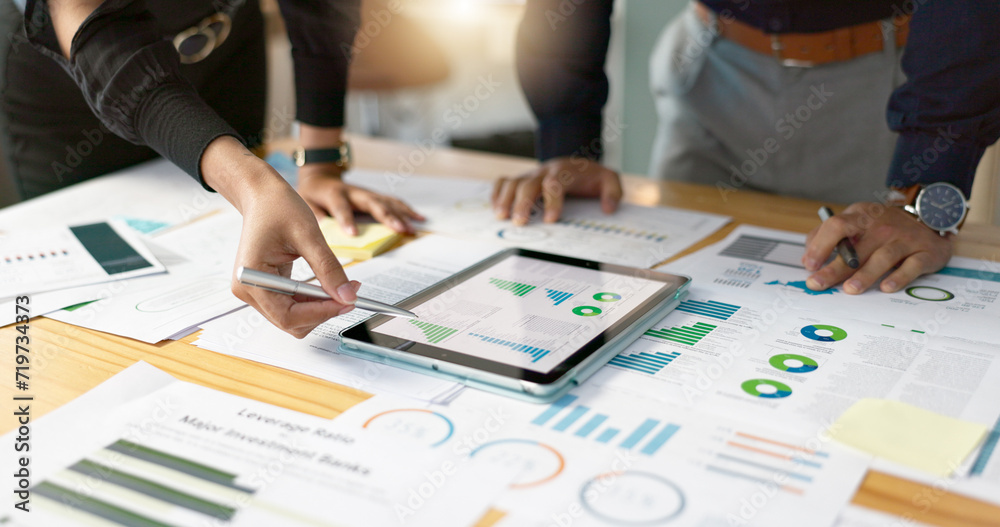 Leinwandbilder business people, data analysis with tablet and paperwork, hands with online review in meeting and te