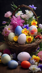 Obraz na płótnie Canvas Easter Basket with Eggs and Spring Flowers