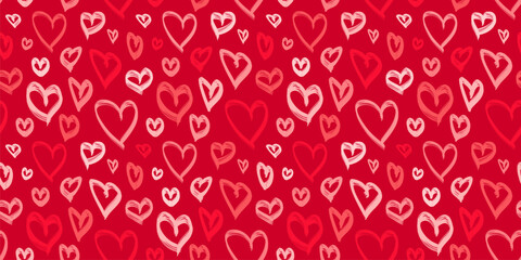 Valentines day, love theme seamless pattern. Abstract vector background with colorful hand drawn hearts. Stylish funky doodle texture. Romantic red pattern. Repeated design for decor, print, wrapping