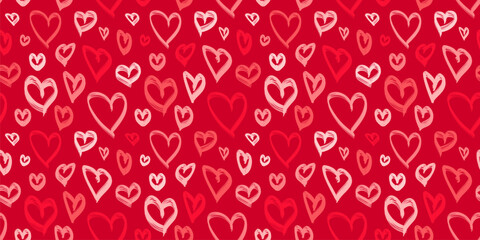 Valentines day, love theme seamless pattern. Abstract vector background with colorful hand drawn hearts. Stylish funky doodle texture. Romantic red pattern. Repeated design for decor, print, wrapping