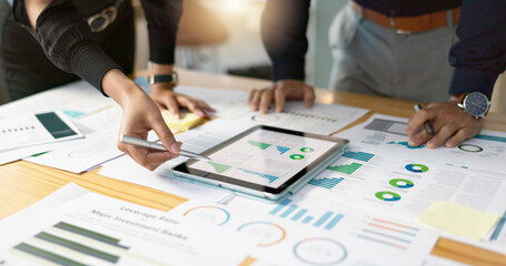 Business people, data analysis with tablet and paperwork, hands with online review in meeting and team with market research. Statistics, analytics dashboard and digital infographic with collaboration