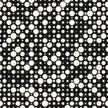 Black and white vector seamless pattern with small randomly scattered curved shapes, circles, squares, dots. Simple modern minimalist background with halftone effect. Repeat monochrome texture design