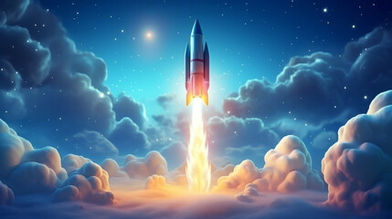 A painting depicting a rocket launching into the sky with clouds of smoke surrounding it. Startup concept