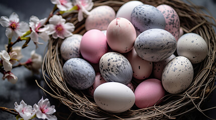 Obraz na płótnie Canvas Pastel Easter Eggs in Nest with Cherry Blossoms