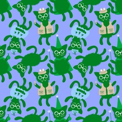 Obraz premium Halloween cats seamless cartoon animals carnival frogs and pumpkins and wizard pattern for wrapping paper