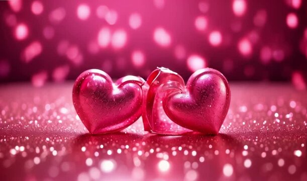Valentine's Day. Two Hearts On Pink Glitter Shiny Background, bokeh background. Romantic background concept of happy valentines day 