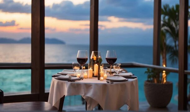 Luxury romantic candlelight dinner table setup for couple in ocean view restaurant on Valentine's day with wine glasses Valentines day concept 