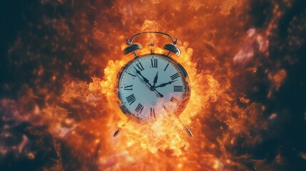 Fototapeta na wymiar Clock on fire hands distorted as time burns away Ai Generative