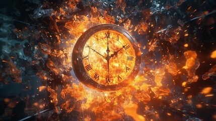 Clock on fire hands distorted as time burns away Ai Generative