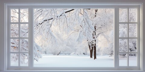 Snow-covered trees seen through a residential window.