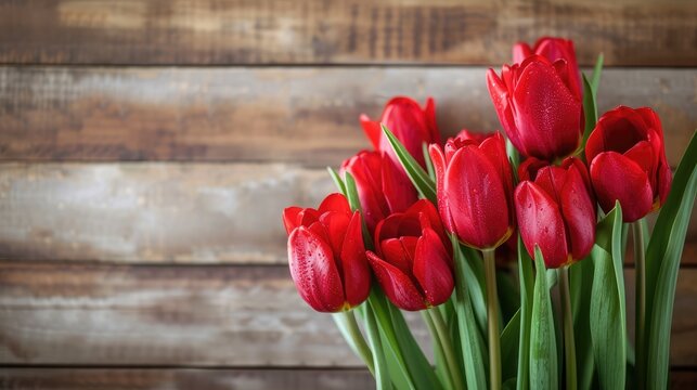 Bouquet of red tulips on a wooden background. Spring flowers. Mother's Day background.