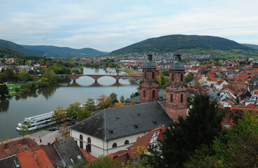 Obraz premium View From The Mildenburg Castle To The Historical Main Bridge In Miltenberg Hesse Germany On An Overcast Autumn Day