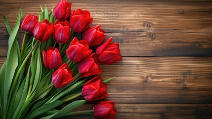 Bouquet of red tulips on a wooden background. Spring flowers. Mother's Day background.
